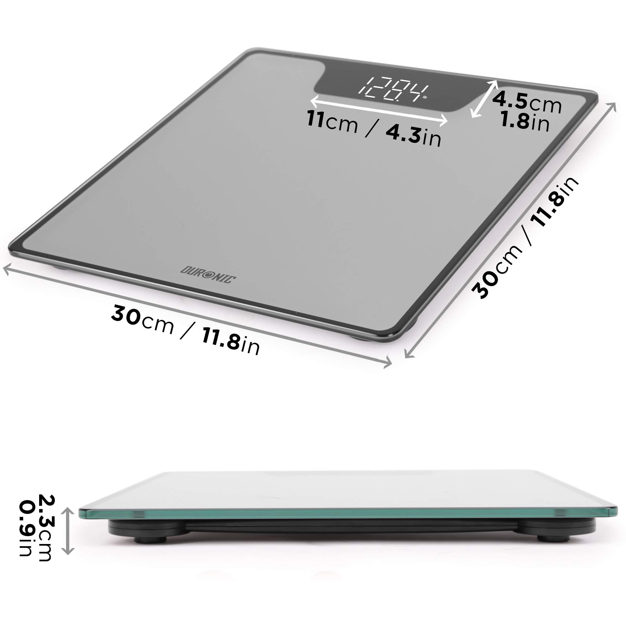 Duronic Digital Bathroom Body Scales with digital display and dimensions showing its slim, 30cm square design.