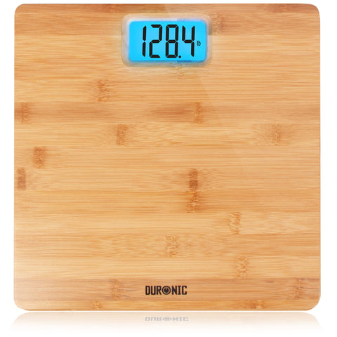 Duronic Digital Bathroom Scales with a natural bamboo finish. The display is currently reading 128.4 lb.