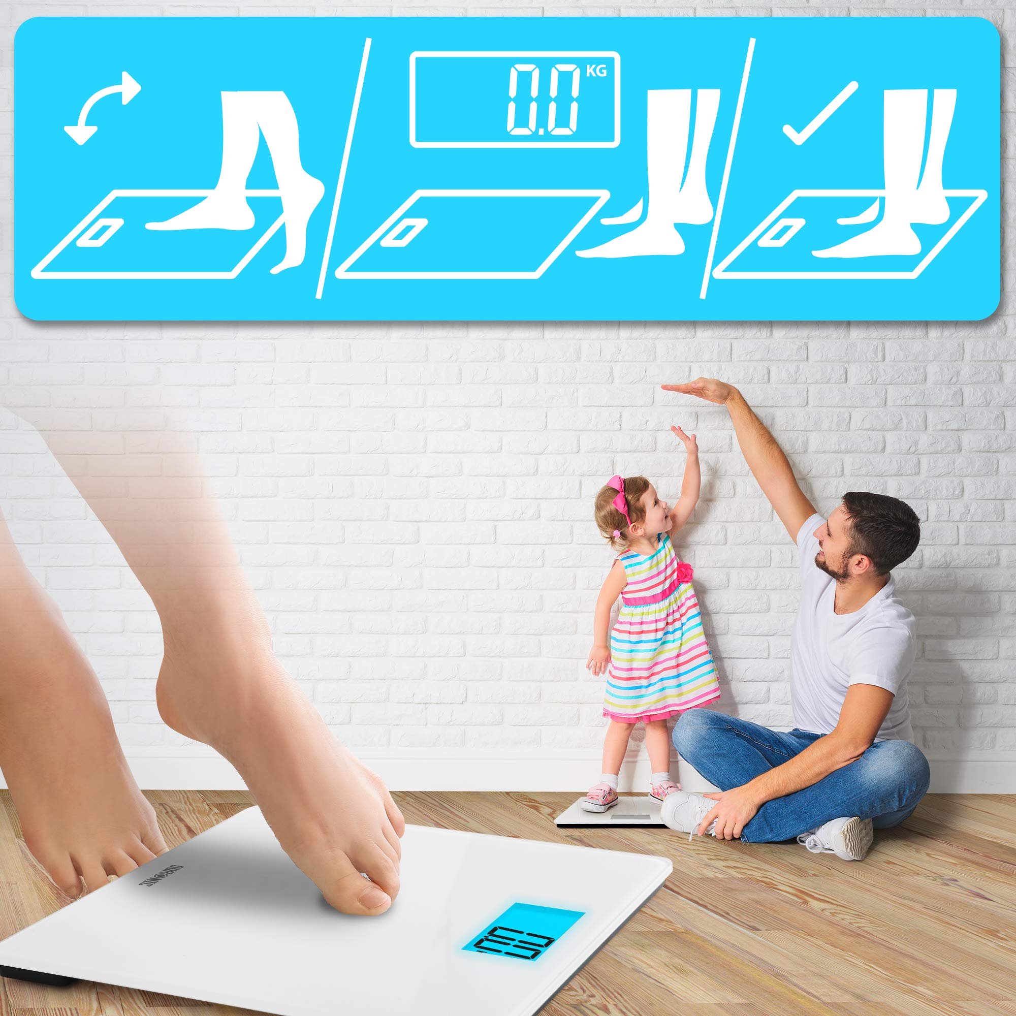 Duronic Digital Bathroom Scales with instructional icons and a father measuring his young daughter’s height.