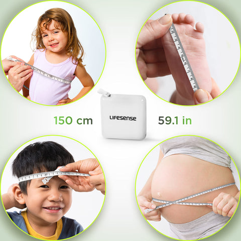Duronic Digital Height Tape Measure showing cm and inches used on children, feet, and pregnancy.