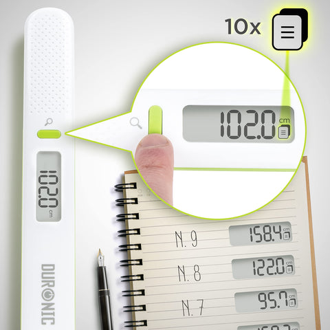 Duronic Digital Height Tape Measure with 10x memory storage feature shown on notepad.
