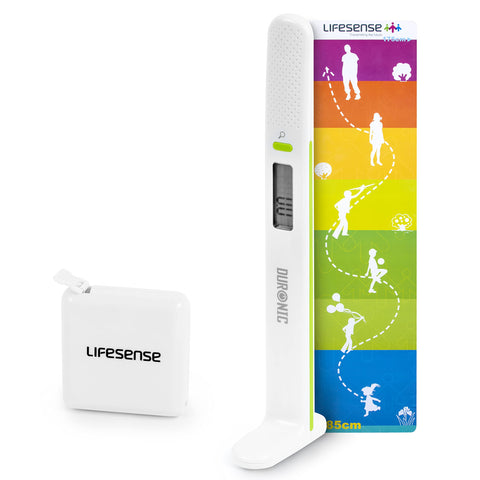 Duronic Digital Height Tape Measure with LCD display and colorful wall-mounted growth chart.