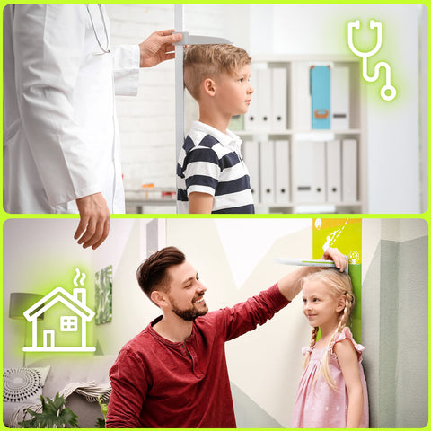 Duronic Digital Height Tape Measure with a boy being measured by a doctor and a girl measured at home.