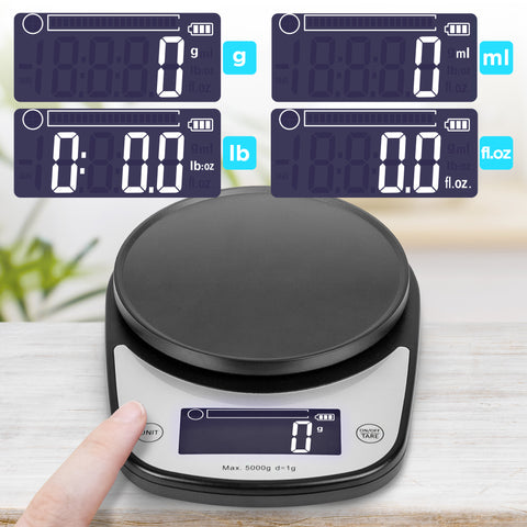 Duronic Digital Kitchen Scale displaying measurement unit options including grams, milliliters, pounds, and fluid ounces.