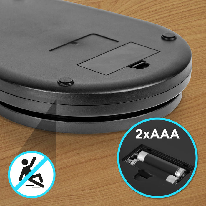 Duronic Digital Kitchen Scale featuring non-slip rubber feet and a battery compartment that requires two AAA batteries.