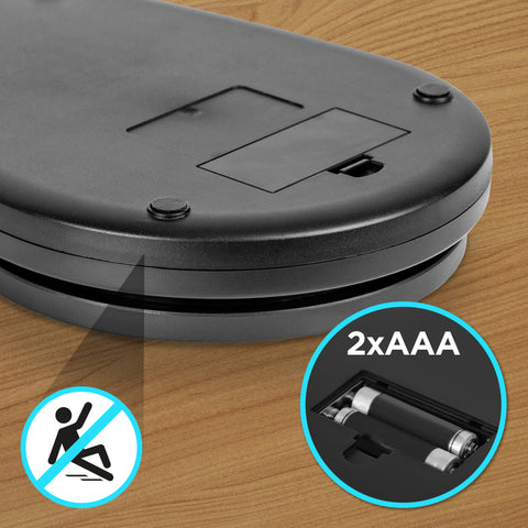 Duronic Digital Kitchen Scale showing non-slip rubber feet and 2xAAA battery compartment close-up.