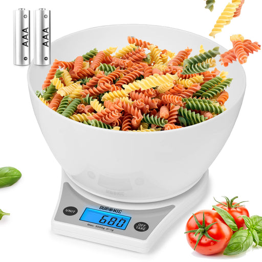 Duronic Digital Kitchen Scale weighing colorful fusilli pasta in a white bowl with AAA batteries.