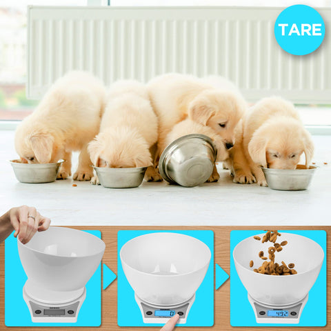 Duronic Digital Kitchen Scale with a golden retriever puppies eating from bowls and a demonstration of a kitchen scale's tare function.