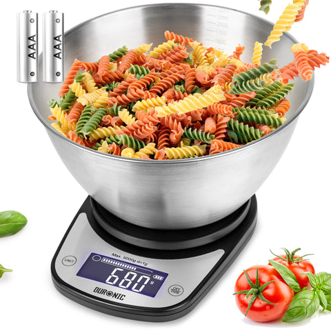 Duronic Digital Kitchen Scale with a stainless steel mixing bowl weighing colorful pasta, including two AAA batteries.