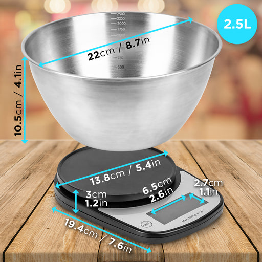 Duronic Digital Kitchen Scale with a stainless steel mixing bowl weighing colorful pasta, including two AAA batteries.