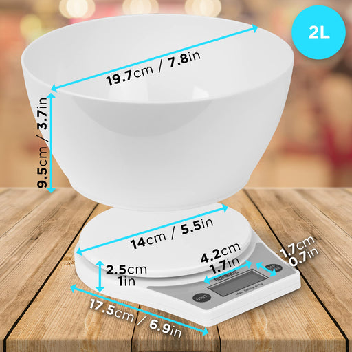 Duronic Digital Kitchen Scale with detailed metric and imperial dimensions labeled.