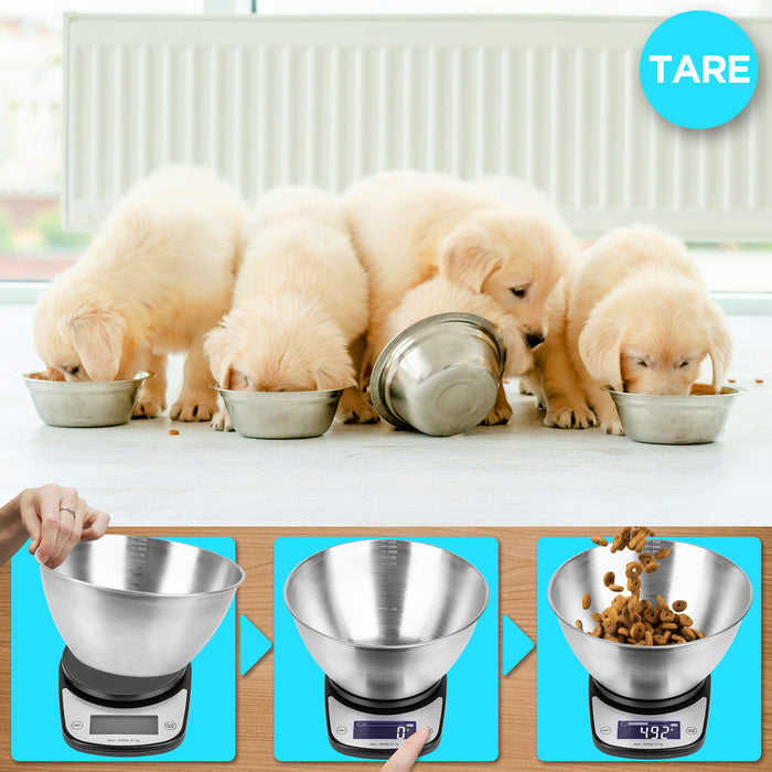 Duronic Digital Kitchen Scale with stainless bowl, kibble, and golden retriever puppies eating.