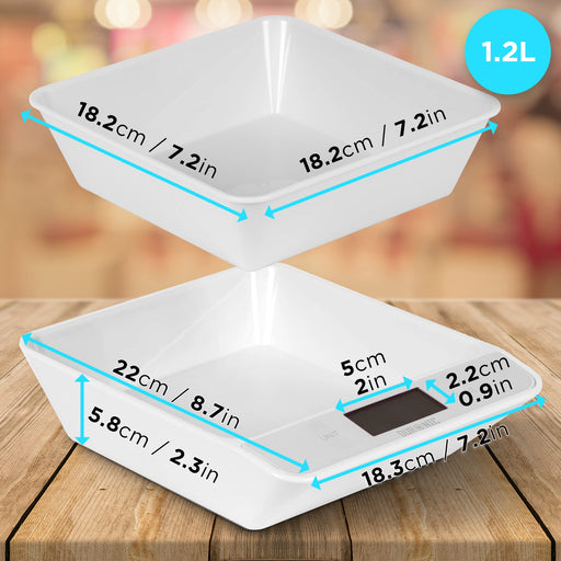 Duronic Digital Kitchen Scales showing dimensions in centimeters and inches on wood.