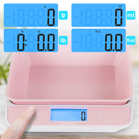 Duronic Digital Kitchen Scales showing four different measurement modes: grams, milliliters, pounds, and fluid ounces.
