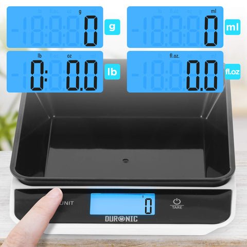 Duronic Digital Kitchen Scales showing four display modes: grams, milliliters, pounds/ounces, and fluid ounces.