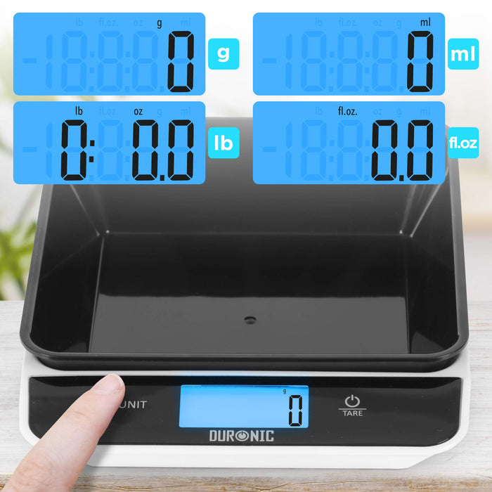 Duronic Digital Kitchen Scales showing four display modes: grams, milliliters, pounds/ounces, and fluid ounces.
