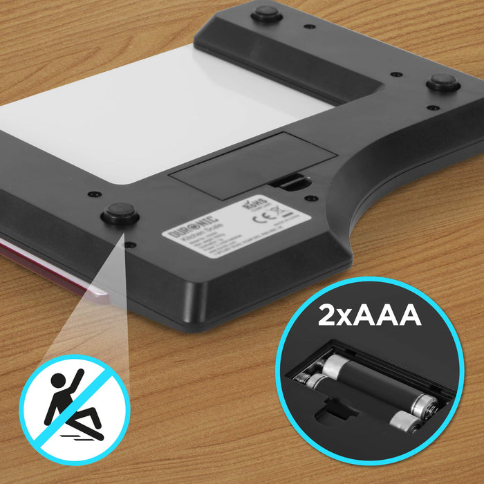 Duronic Digital Kitchen Scales showing non-slip feet and the 2xAAA battery compartment open.