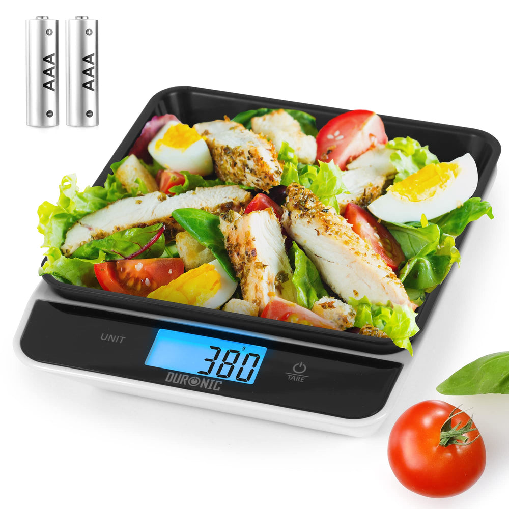 Duronic Digital Kitchen Scales weighing a chicken salad in a black tray with AAA batteries.
