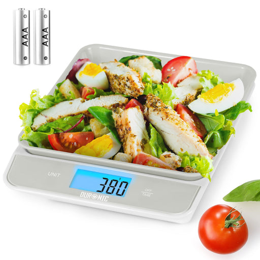 Duronic Digital Kitchen Scales weighing a chicken salad in a grey tray with AAA batteries.