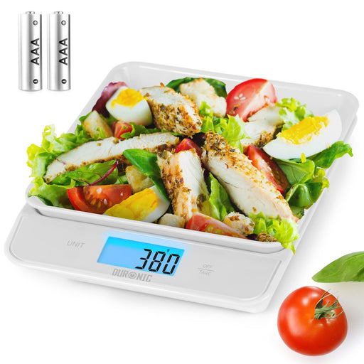 Duronic Digital Kitchen Scales weighing a chicken salad, showing a 380g reading with batteries.