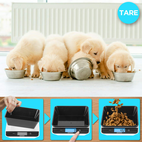 Duronic Digital Kitchen Scales with Golden retriever puppies eating from bowls, demonstrating the tare function.