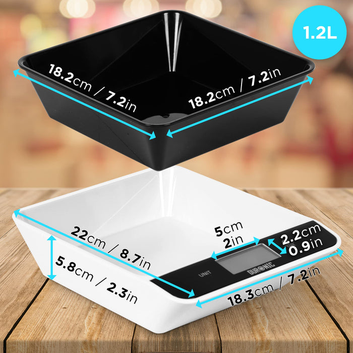 Duronic Digital Kitchen Scales with a 1.2L removable bowl and detailed dimensions.