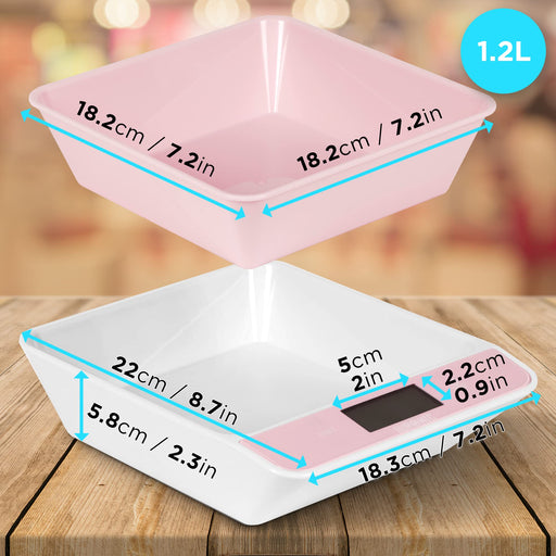 Duronic Digital Kitchen Scales with a 1.2L removable square bowl showing detailed dimensions.