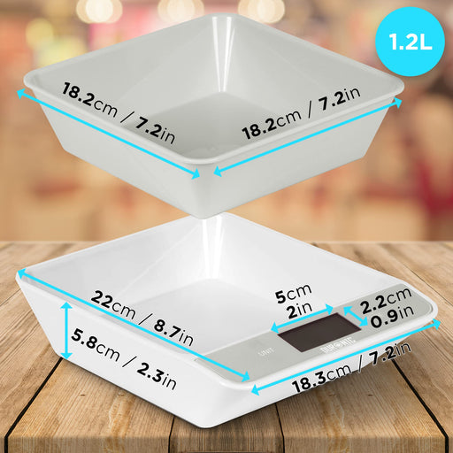 Duronic Digital Kitchen Scales with a 1.2L removable square bowl showing detailed product dimensions.