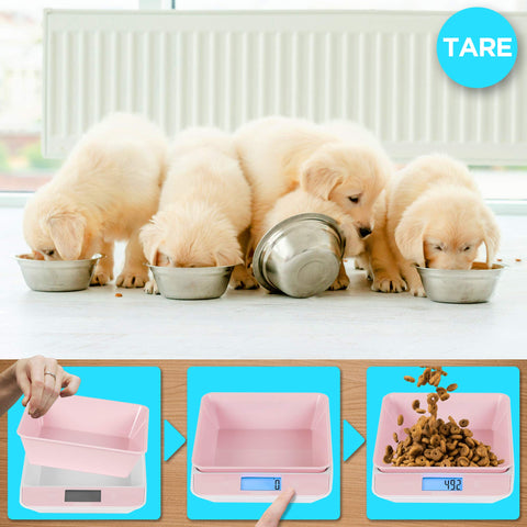 Duronic Digital Kitchen Scales with a golden retriever puppies eating from bowls and a demonstration of a pink digital pet scale.