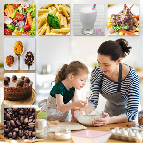 Duronic Digital Kitchen Scales with a woman and child baking in a kitchen surrounded by various food, coffee, and spice imagery.