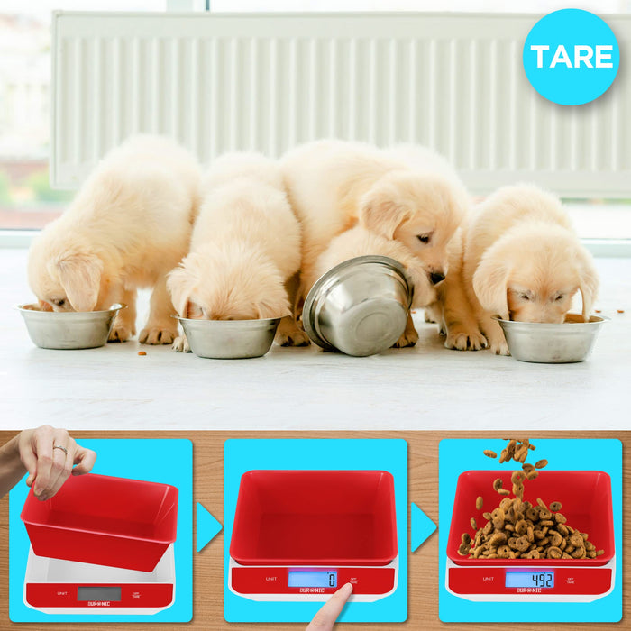Duronic Digital Kitchen showing how to tare a digital pet scale to weigh dog food kibble accurately.