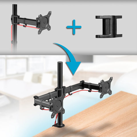 Duronic Dual Arm Holder with graphic showing a single monitor arm mount being converted into a dual monitor desk mount.