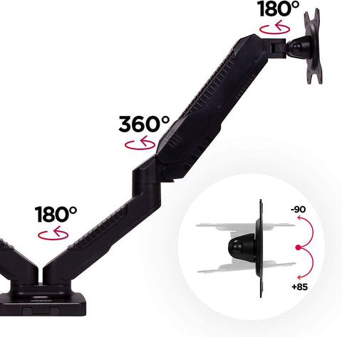 Duronic Dual Monitor Arm Stand highlighting swivel angles, 360-degree rotation, and tilt capabilities.