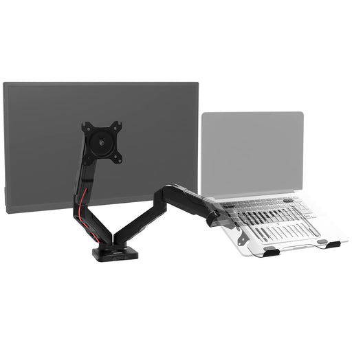 Duronic Dual Monitor Arm Stand holding a laptop next to a flat screen.