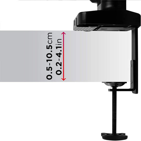 Duronic Dual Monitor Arm Stand showing a supported desk thickness range of 0.5-10.5cm (0.2-4.1in).