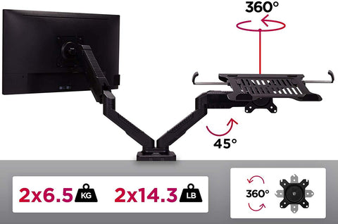 Duronic Dual Monitor Arm Stand showing weight capacity, tilt, and 360-degree rotation.