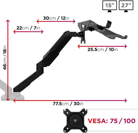 Duronic Dual Monitor Arm Stand with dimensions and VESA compatibility specifications displayed.