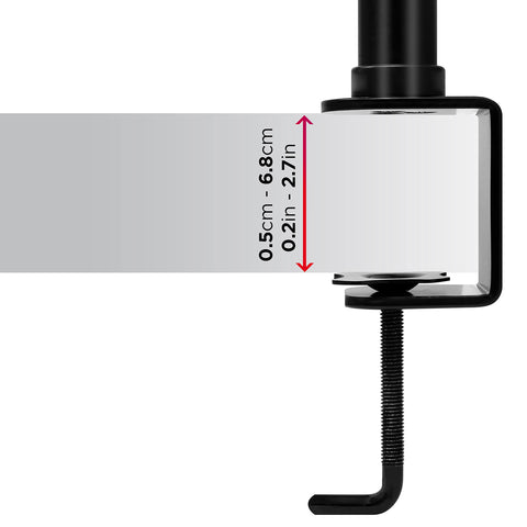 Duronic Dual Monitor Arms adjusting to fit table thicknesses from 0.5cm to 6.8cm.
