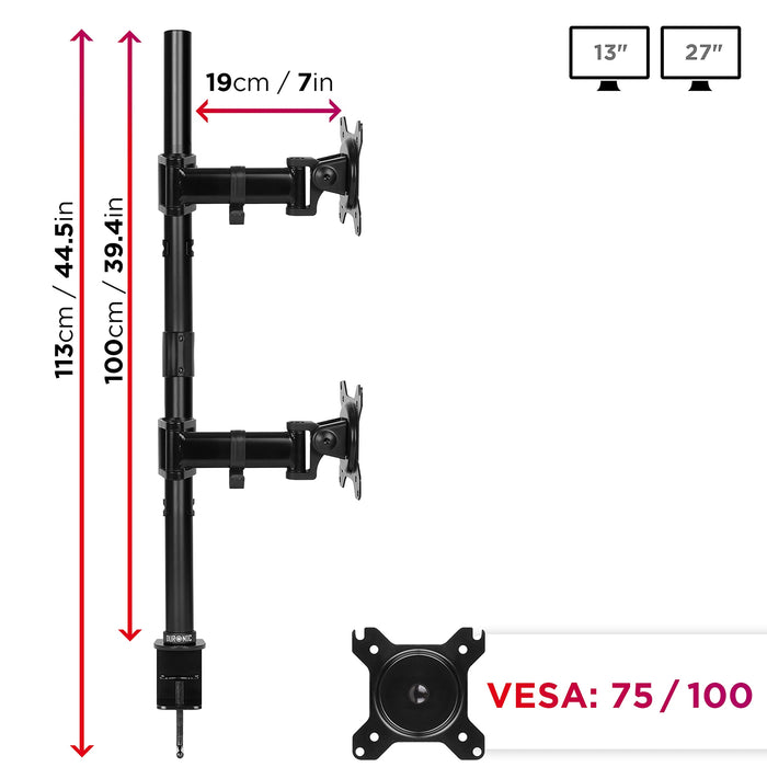 Duronic Dual Monitor Arms with adjustable arms, 100cm pole, and VESA 75/100 compatibility measurements.