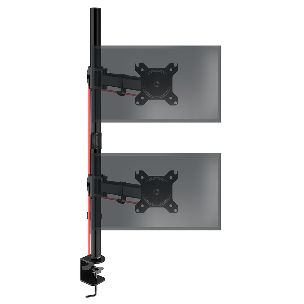 Duronic Dual Monitor Arms with adjustable arms and VESA plates for stacked screens.