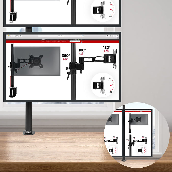 Duronic Dual Monitor Arms with full motion articulating arms, VESA swivel, and tilt capabilities.