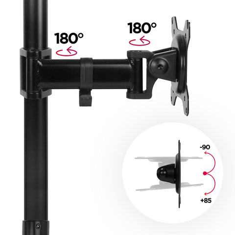Duronic Dual Monitor Arms with vertical pole, 180-degree rotation, and 90-degree tilt capability.