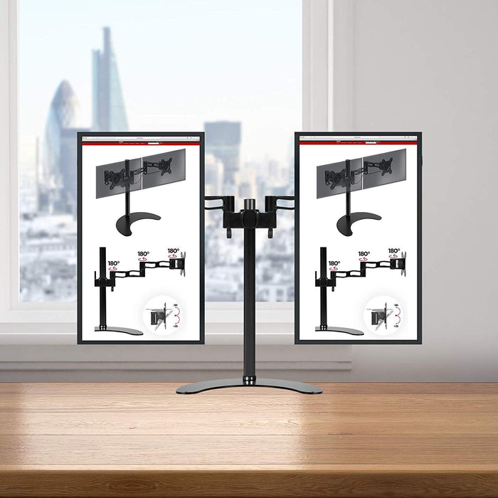 Duronic Dual Monitor Stand featuring two portrait screens displaying product specifications.