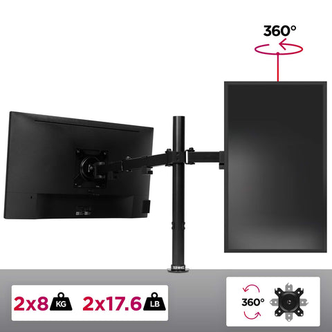 Duronic Dual Monitor Stand holding one horizontal and one vertical screen with weight limits shown.