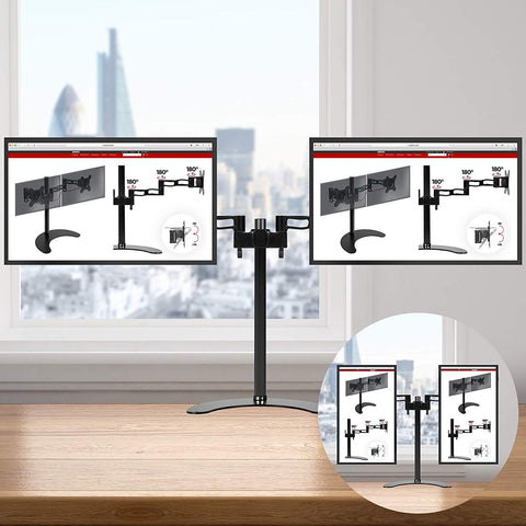 Duronic Dual Monitor Stand holding two screens horizontally on a desk, with portrait mode inset.