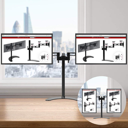 Duronic Dual Monitor Stand holding two screens horizontally on a desk, with portrait mode inset.