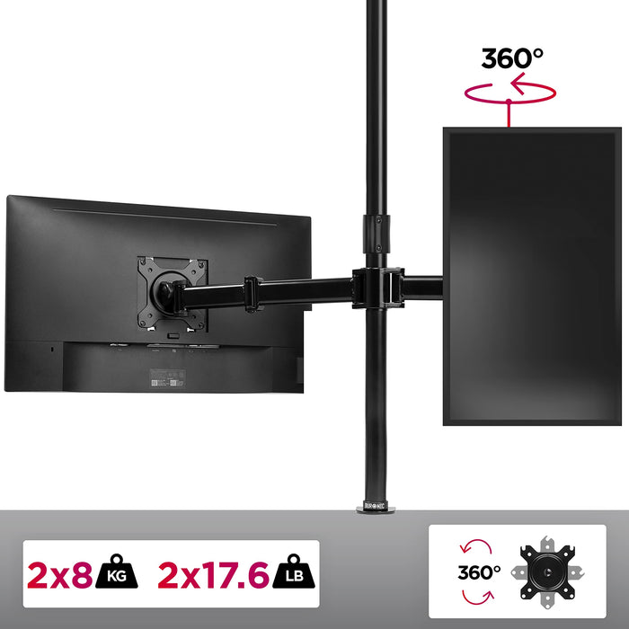 Duronic Dual Monitor Stand holding two screens, one landscape and one portrait, 17.6lb capacity per arm.