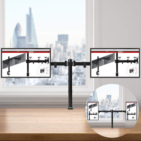 Duronic Dual Monitor Stand holding two screens side-by-side against a city window view.