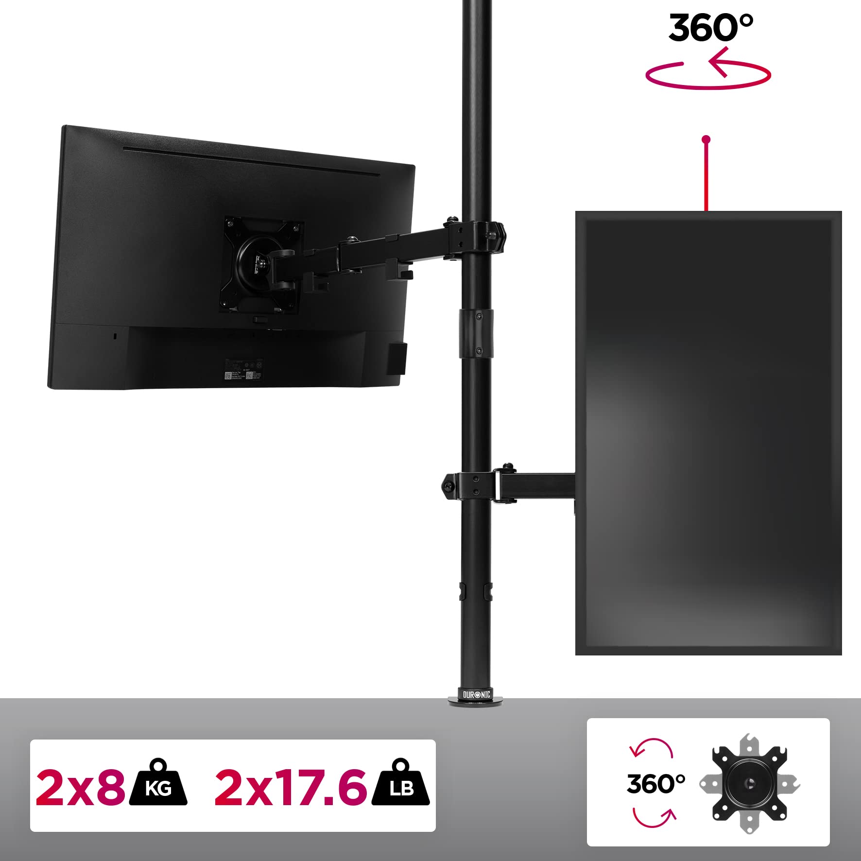 Duronic Dual Monitor Stand holding two screens, supporting up to 8kg per arm with 360-degree rotation.