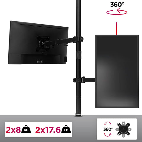 Duronic Dual Monitor Stand holding two screens, supporting up to 8kg per arm with 360-degree rotation.